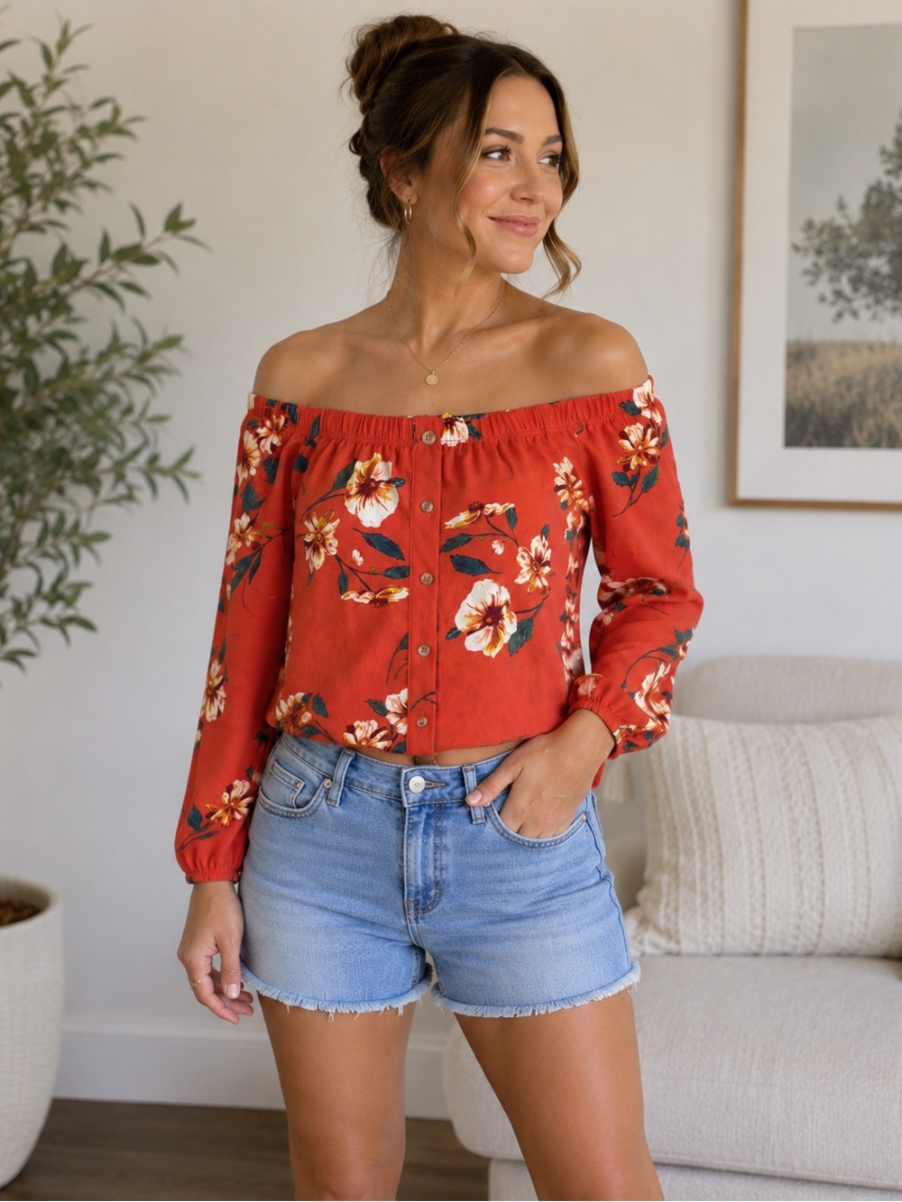 Rue21 Floral Off Shoulder Semi-Cropped Top XS Button Front Boho